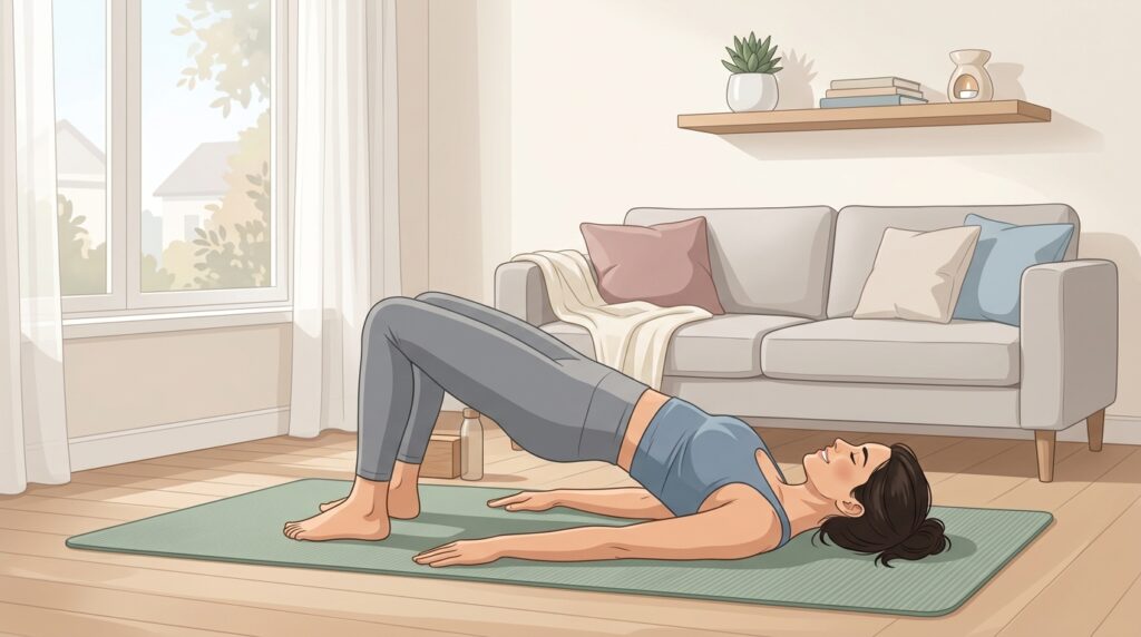 Adult lying on a yoga mat in a gentle bridge pose to support the lower back during a 15-minute back stretch routine.