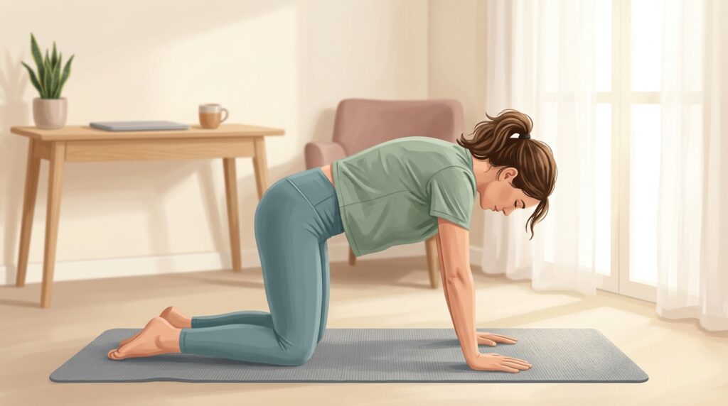 Desk worker in comfortable clothes doing a gentle cat cow stretch on a yoga mat as part of a 15-minute back stretch routine.
