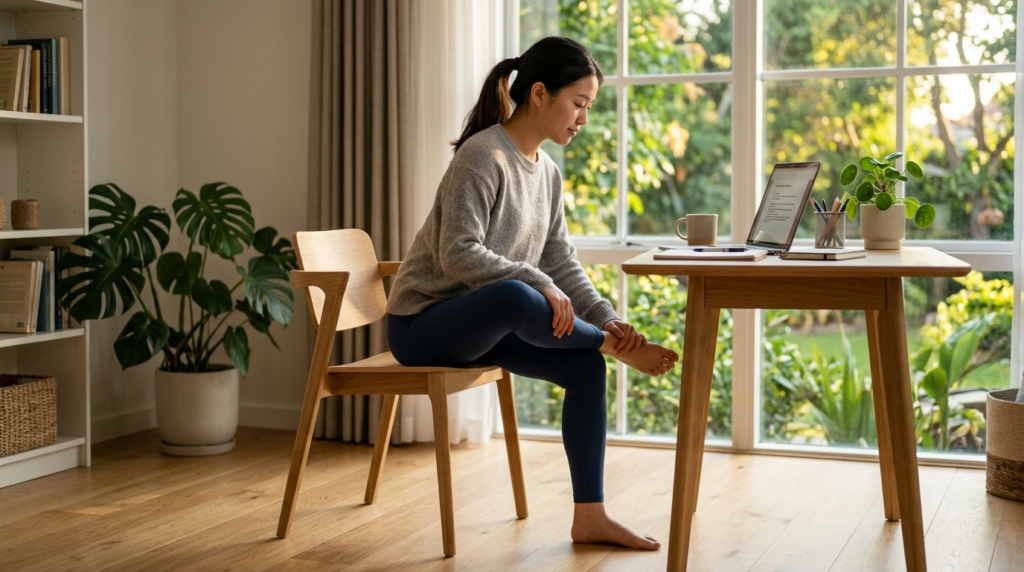 Asian student in a study room doing a seated figure 4 hip stretch on a chair to relieve tension from long hours of studying.
