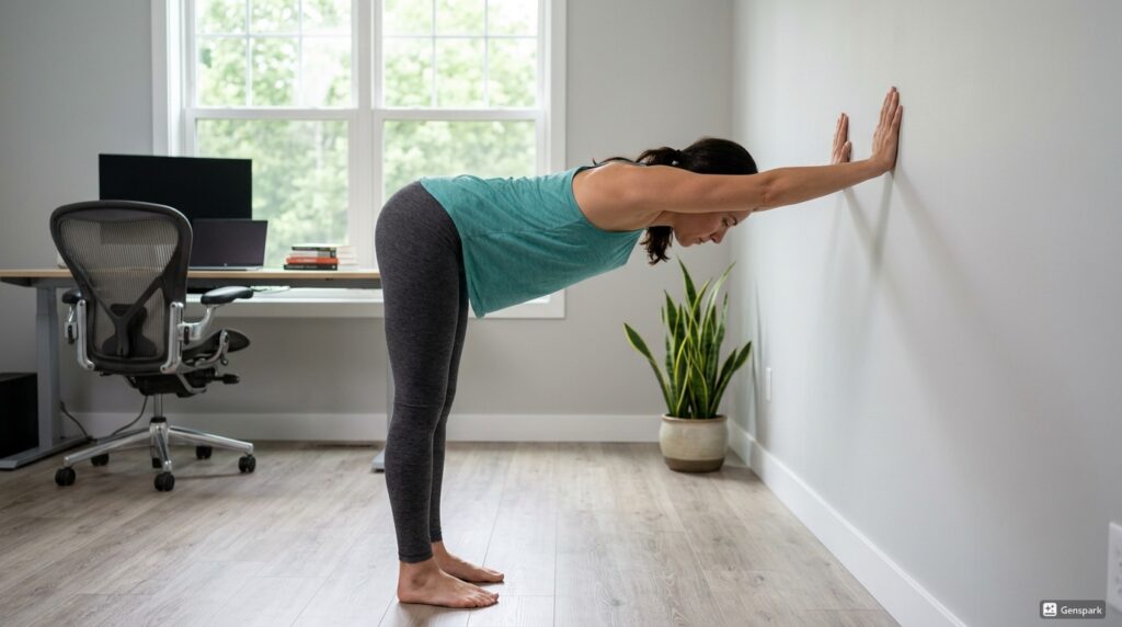 Standing wall stretch with hips back and chest lowered to open shoulders and upper back